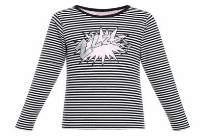 Front view of Matalan girls’ black striped 100% cotton top pyjama top, size 12-13, years