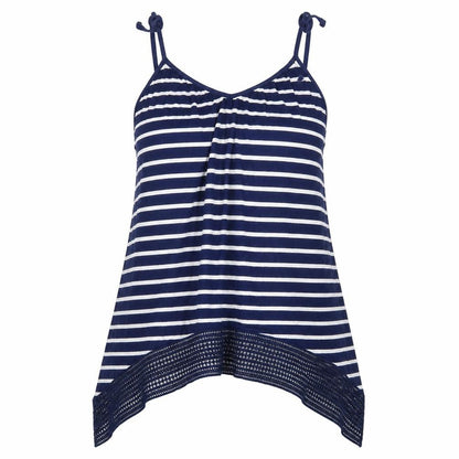 Front view of Store Twenty One women’s blue striped viscose camisole blouse, size UK 12, round neck