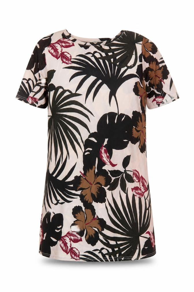 Front view of River Island women’s multicoloured floral polyester t-shirt dress, size UK 8, round neck