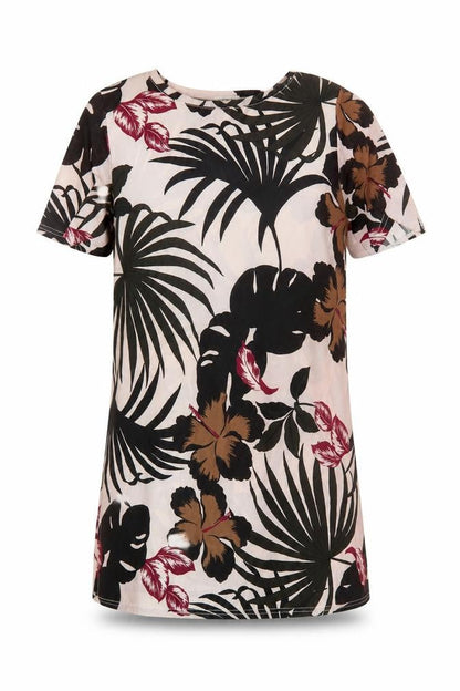 Front view of River Island women’s multicoloured floral polyester t-shirt dress, size UK 8, round neck