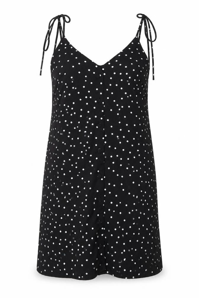 Front view of Nasty Gal women’s black polka dot polyester tank dress, size UK 12, v-neck