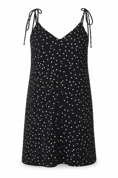 Front view of Nasty Gal women’s black polka dot polyester tank dress, size UK 12, v-neck
