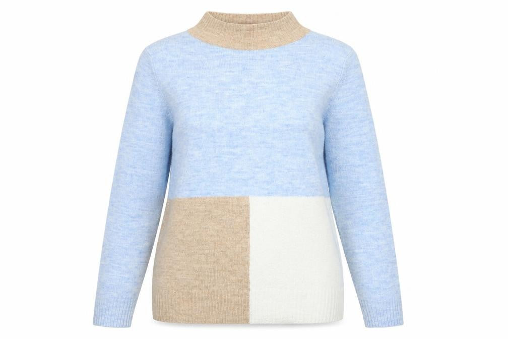 Front view of M&Co women’s multicoloured mock neck acrylic jumper, size UK 14