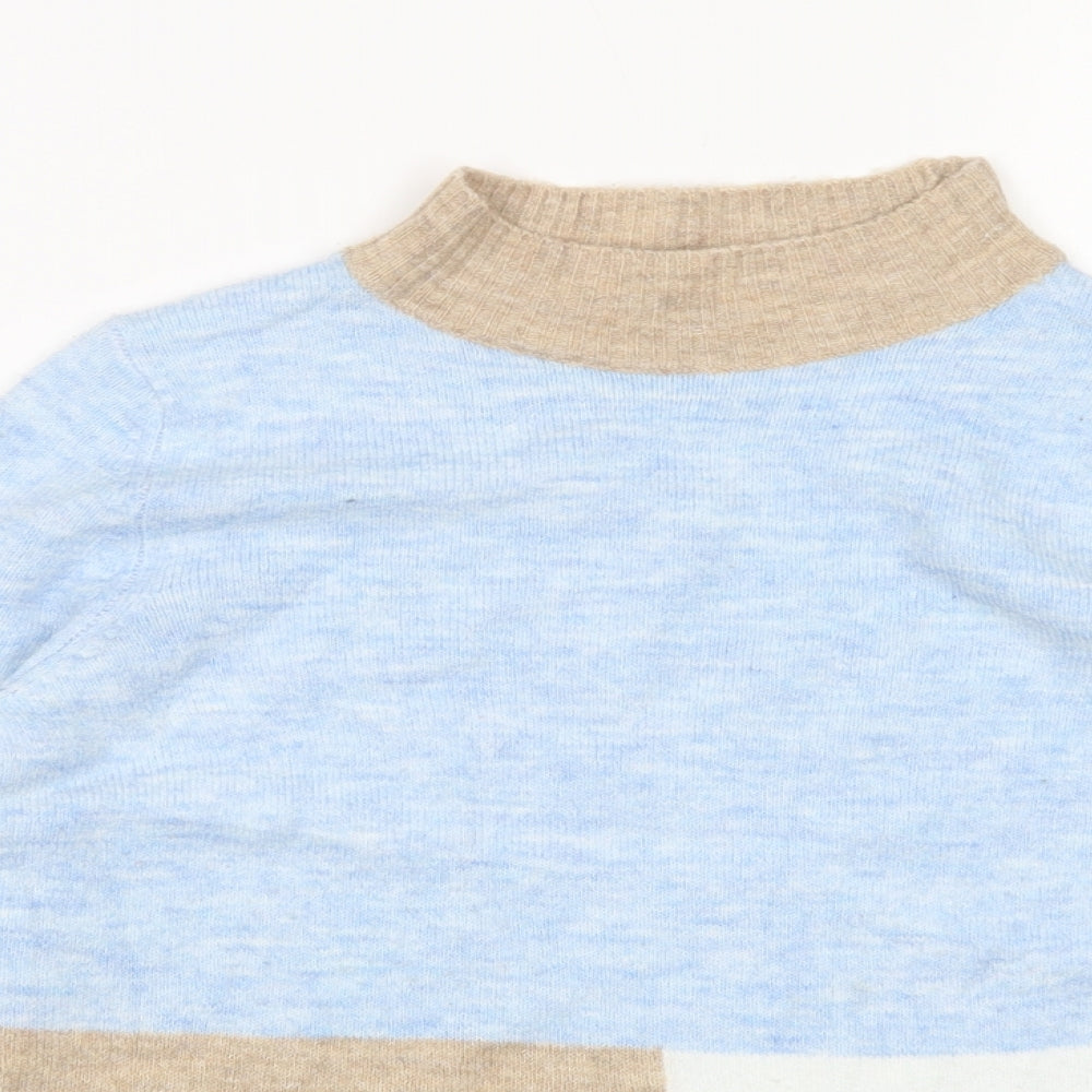 Close-up detail of M&Co women’s multicoloured mock neck acrylic jumper, size UK 14