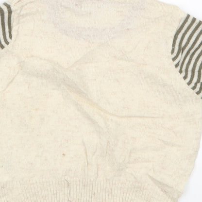Brand and care label for Freoli boys’ beige round neck wool jumper, size 2, years