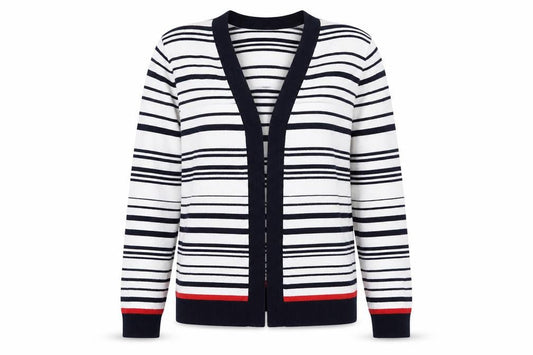 Front view of M&Co women’s multicoloured v-neck striped viscose cardigan jumper, size UK 12
