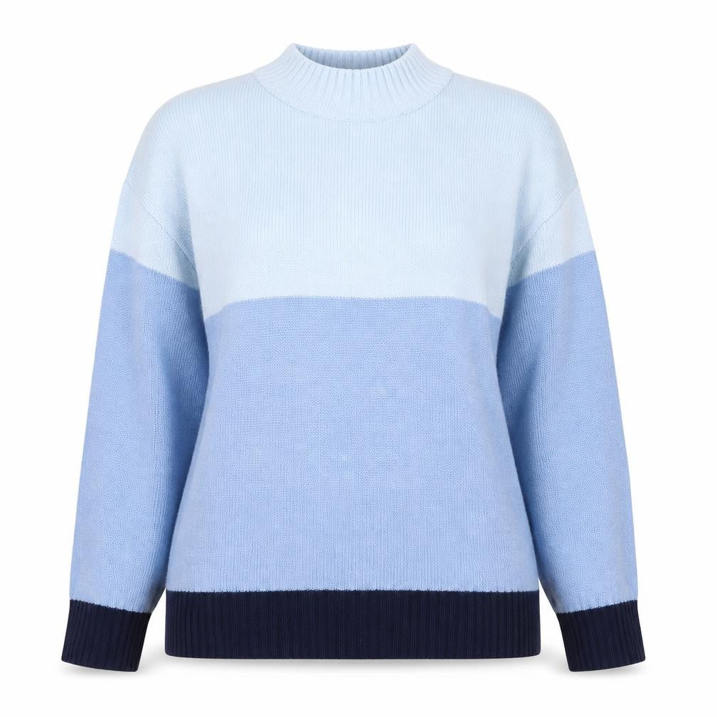 Front view of Damart women’s blue round neck acrylic jumper, size UK 10