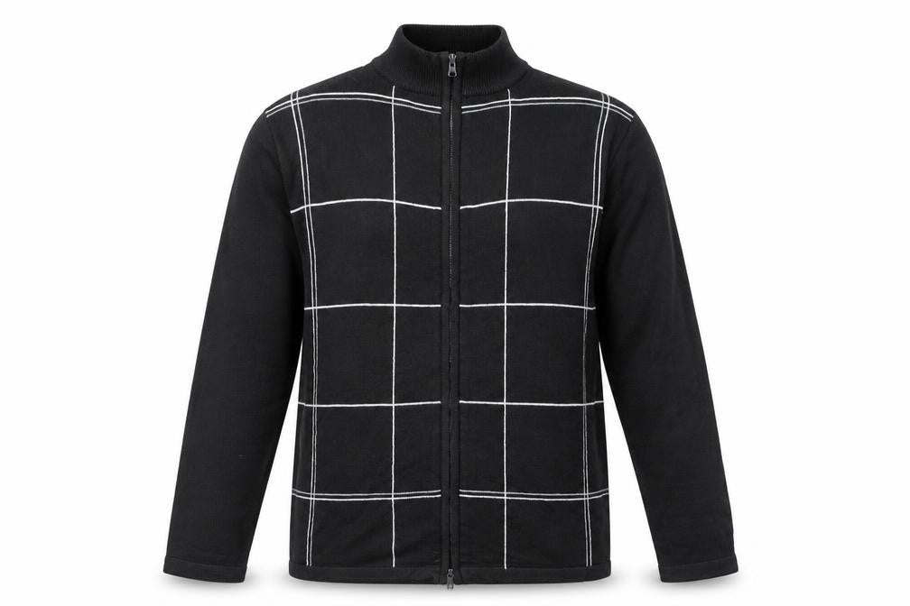 Front view of Cedarwood State men’s multicoloured check acrylic full zip sweatshirt, size S