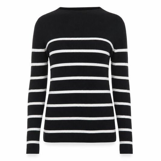 Front view of Marks & Spencer women’s multicoloured round neck striped acrylic jumper, size UK 6