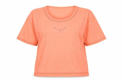 Front view of Preworn women’s pink floral basic t-shirt, size XL, round neck