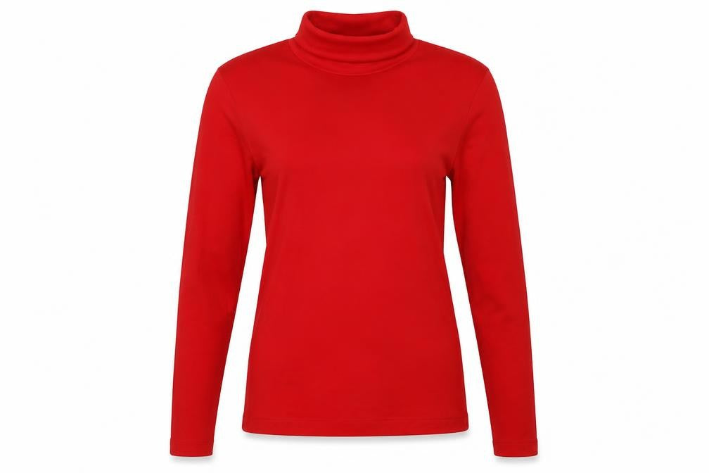 Front view of Creations women’s red nylon basic t-shirt, size UK 8, roll neck
