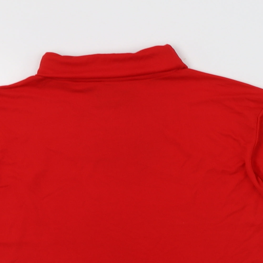 Close-up detail of Creations women’s red nylon basic t-shirt, size UK 8, roll neck