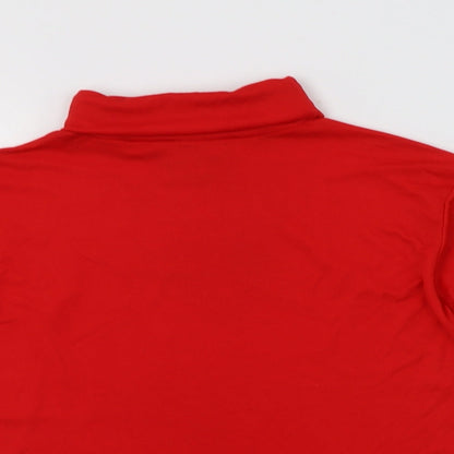 Close-up detail of Creations women’s red nylon basic t-shirt, size UK 8, roll neck