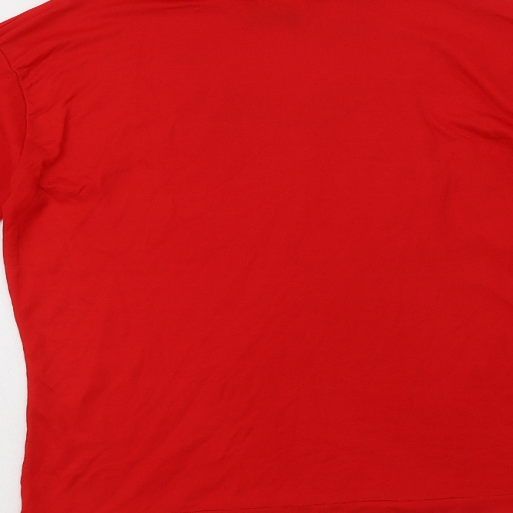 Brand and care label for Creations women’s red nylon basic t-shirt, size UK 8, roll neck