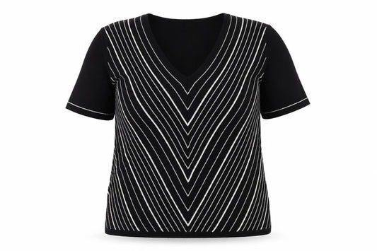 Front view of Berkertex women’s blue v-neck striped acrylic henley jumper, size UK 18