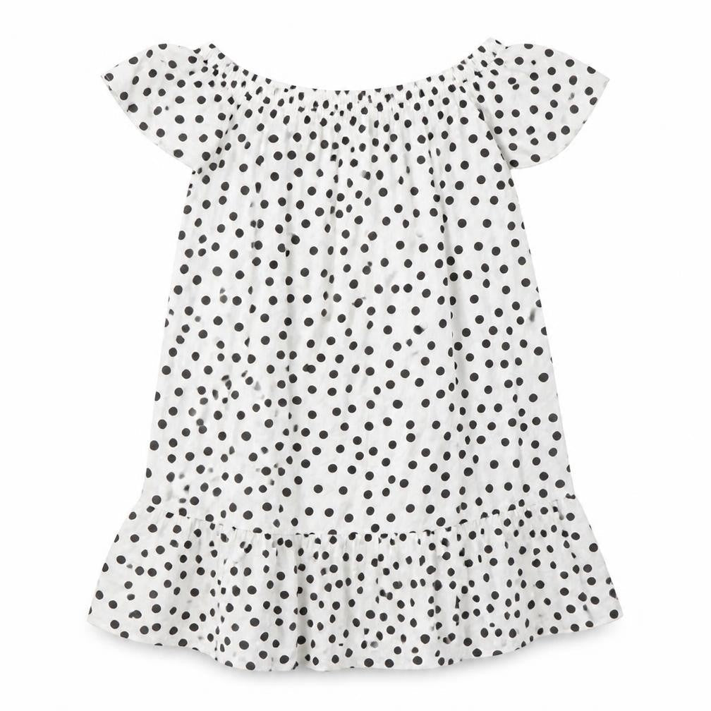 Front view of Papaya women’s white polka dot viscose a-line, size UK 8, off the shoulder