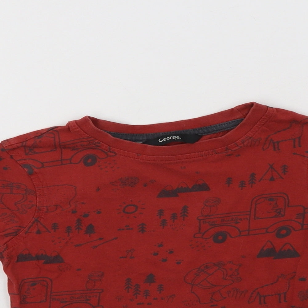 George Boys Red Geometric Cotton Basic T-Shirt Size 2-3 Years Crew Neck  - Bear Print
