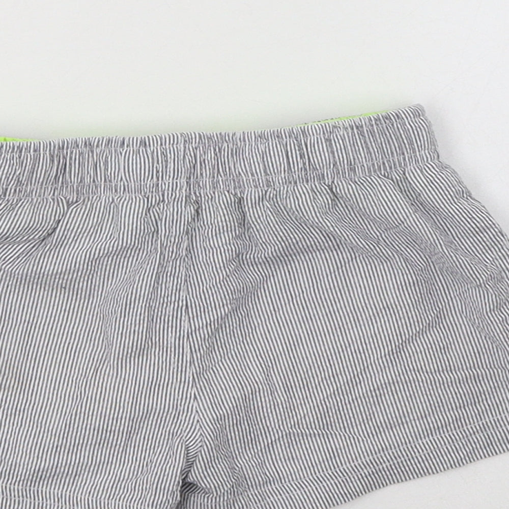 Brand and care label for TEX boys’ grey striped polyester bermuda shorts, size 2-3, years regular drawstring