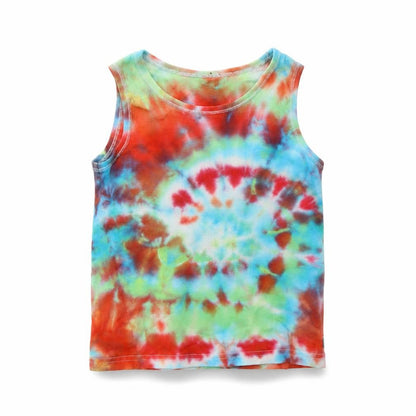 Front view of Next girls’ multicoloured batik cotton basic tank, size 5-6, years round neck