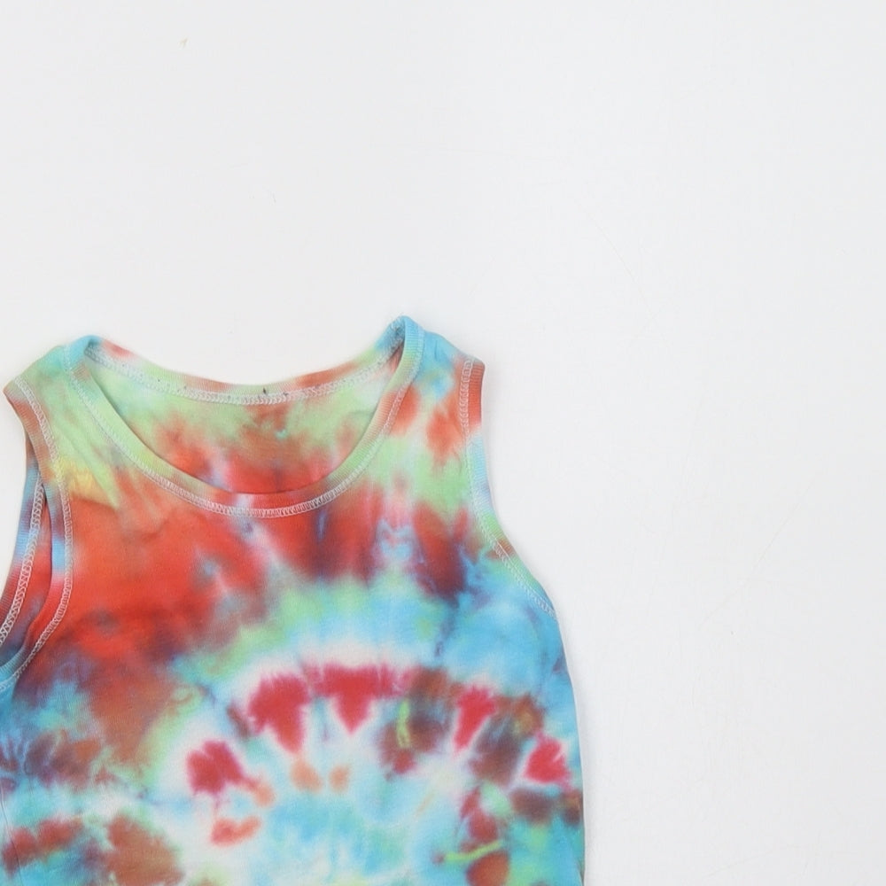 Close-up detail of Next girls’ multicoloured batik cotton basic tank, size 5-6, years round neck