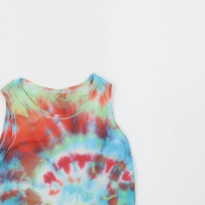 Close-up detail of Next girls’ multicoloured batik cotton basic tank, size 5-6, years round neck