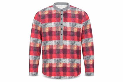 Preworn Mens Red Check   Button-Up Size M Collared Button - Mandarin Collar Half way buttons