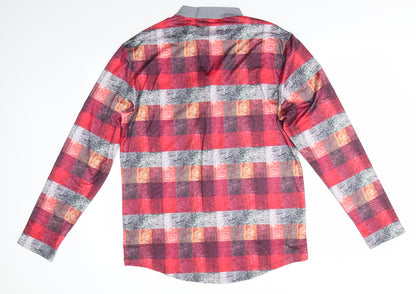Preworn Mens Red Check   Button-Up Size M Collared Button - Mandarin Collar Half way buttons