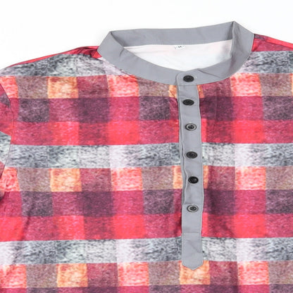 Preworn Mens Red Check   Button-Up Size M Collared Button - Mandarin Collar Half way buttons