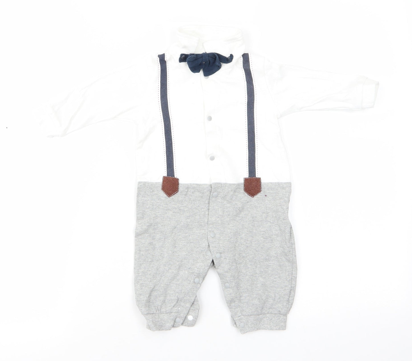 ShenZhen YEY Garment Ltd Boys White  Cotton Romper One-Piece Size 0-3 Months  Snap - Faux Dickie Bow Tie & Shirt with braces