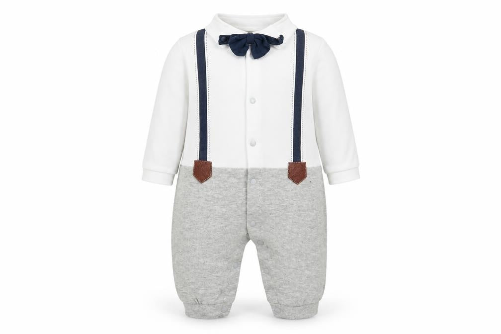 Front view of ShenZhen YEY Garment Ltd boys’ white cotton romper one-piece, months snap - faux dickie bow tie & shirt with