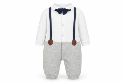 Front view of ShenZhen YEY Garment Ltd boys’ white cotton romper one-piece, months snap - faux dickie bow tie & shirt with