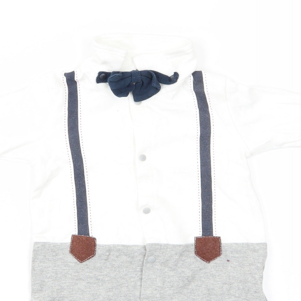 ShenZhen YEY Garment Ltd Boys White  Cotton Romper One-Piece Size 0-3 Months  Snap - Faux Dickie Bow Tie & Shirt with braces