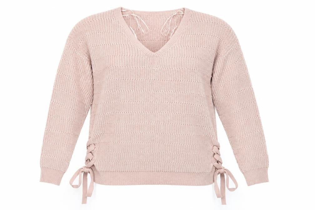 Front view of Peacocks women’s pink v-neck striped acrylic jumper, size M, - side tie details same colour knit stripe