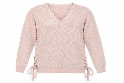 Front view of Peacocks women’s pink v-neck striped acrylic jumper, size M, - side tie details same colour knit stripe