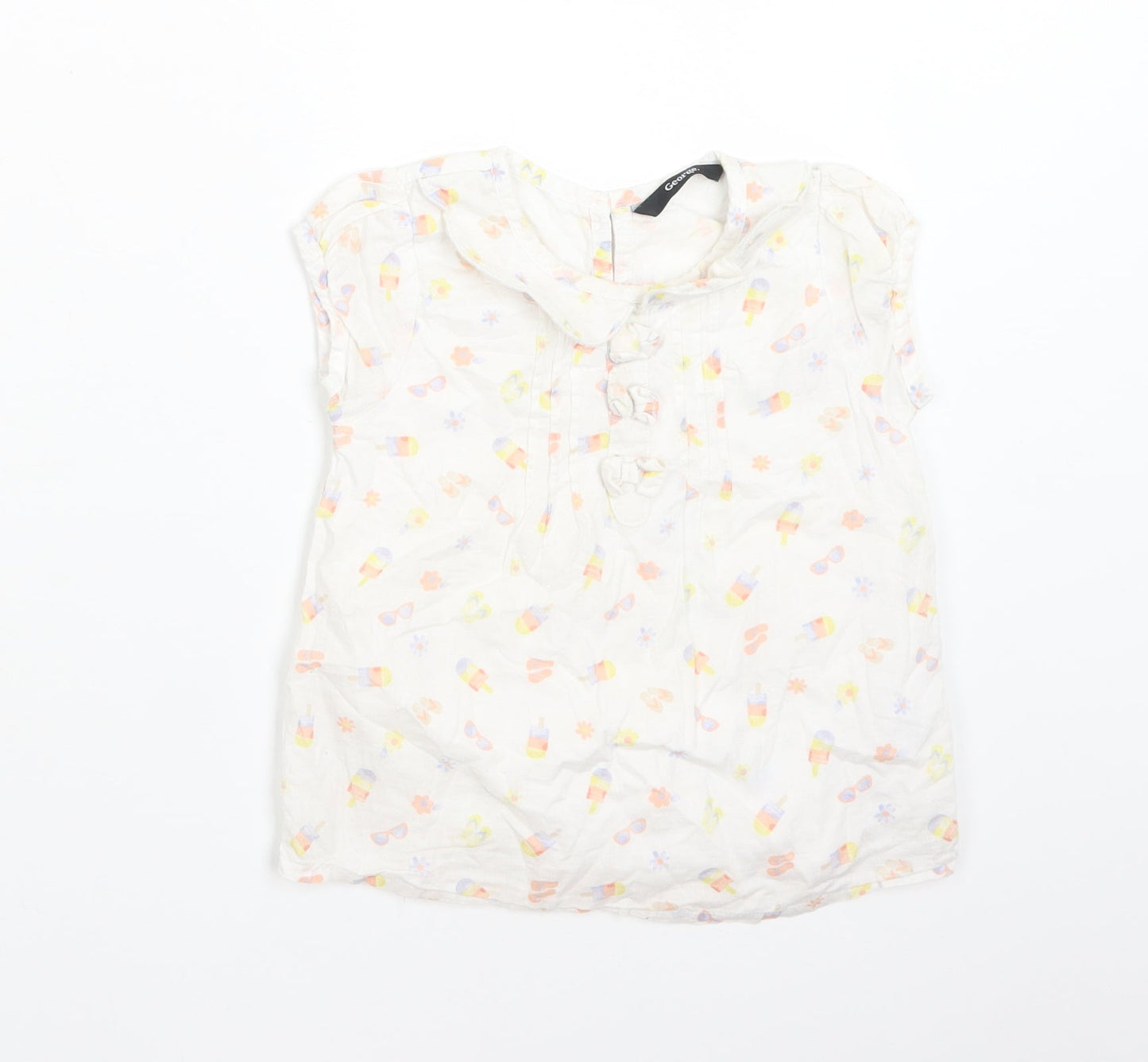 George Girls White Floral Cotton Basic T-Shirt Size 3-4 Years Round Neck  - ICE LOLLIES