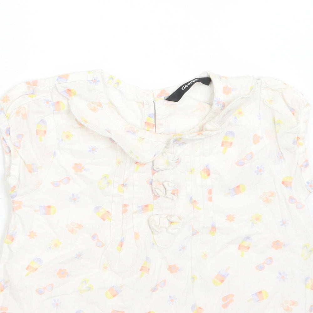 George Girls White Floral Cotton Basic T-Shirt Size 3-4 Years Round Neck  - ICE LOLLIES