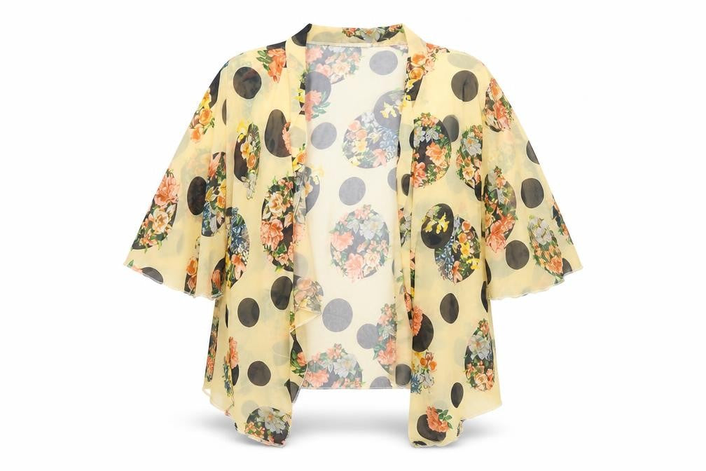 Front view of SHOLA women’s yellow floral polyester cardigan jumper, size L