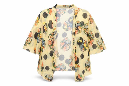 Front view of SHOLA women’s yellow floral polyester cardigan jumper, size L