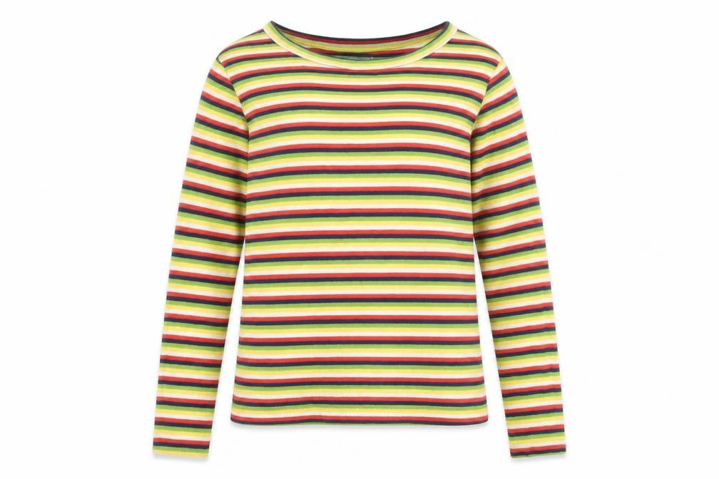 Front view of Next girls’ multicoloured striped cotton basic t-shirt, size 5, years crew neck