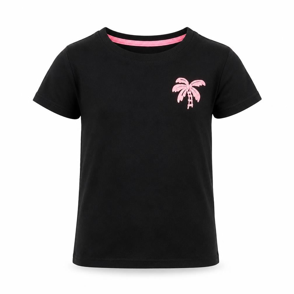 Front view of Primark girls’ black cotton basic t-shirt, size 2-3, years roll neck