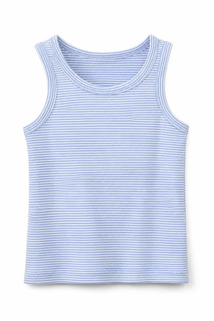 Front view of F&F girls’ blue striped cotton basic tank, size 3-4, years round neck