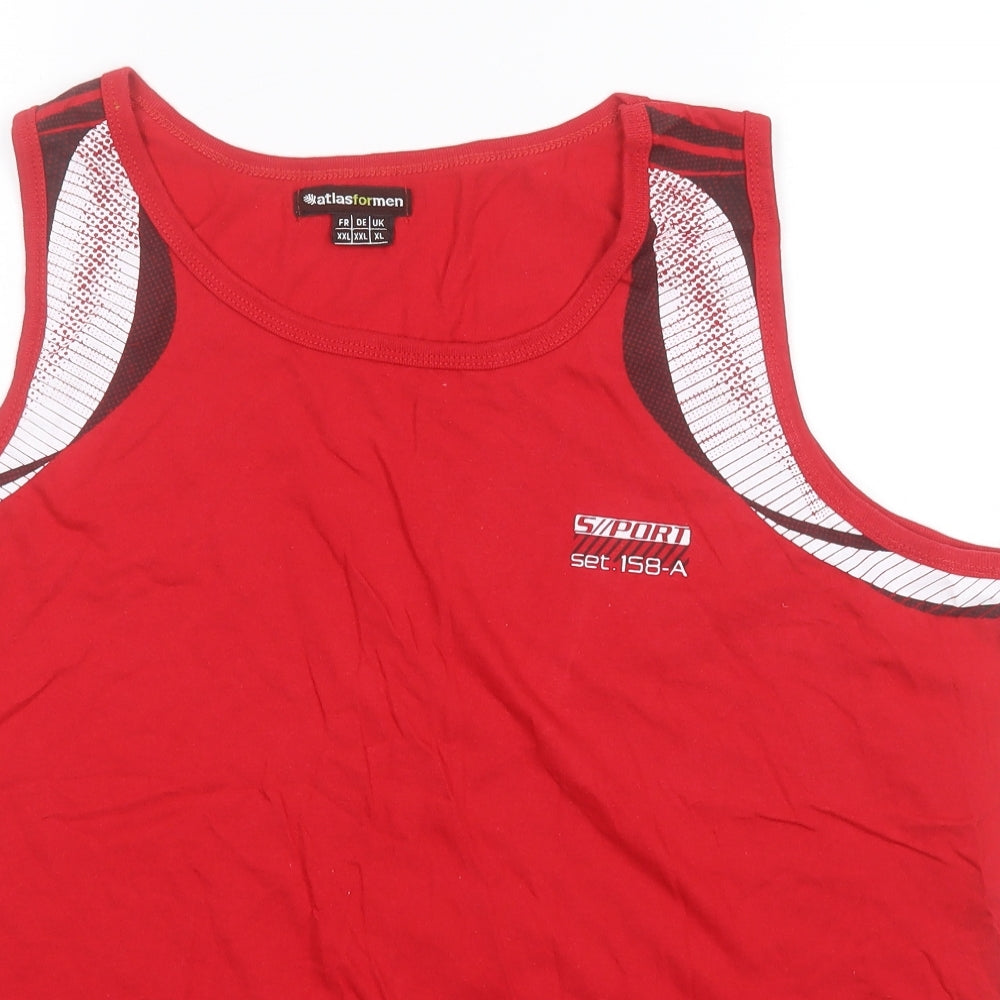Close-up detail of Atlas men’s red cotton basic tank, size XL, round neck