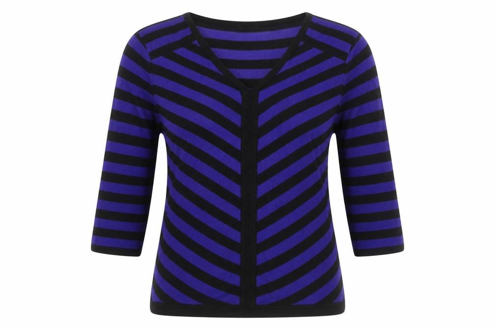 Front view of Pregis women’s blue v-neck striped viscose jumper, size S