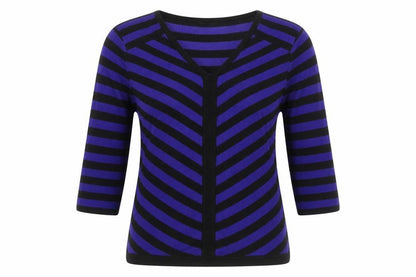 Front view of Pregis women’s blue v-neck striped viscose jumper, size S