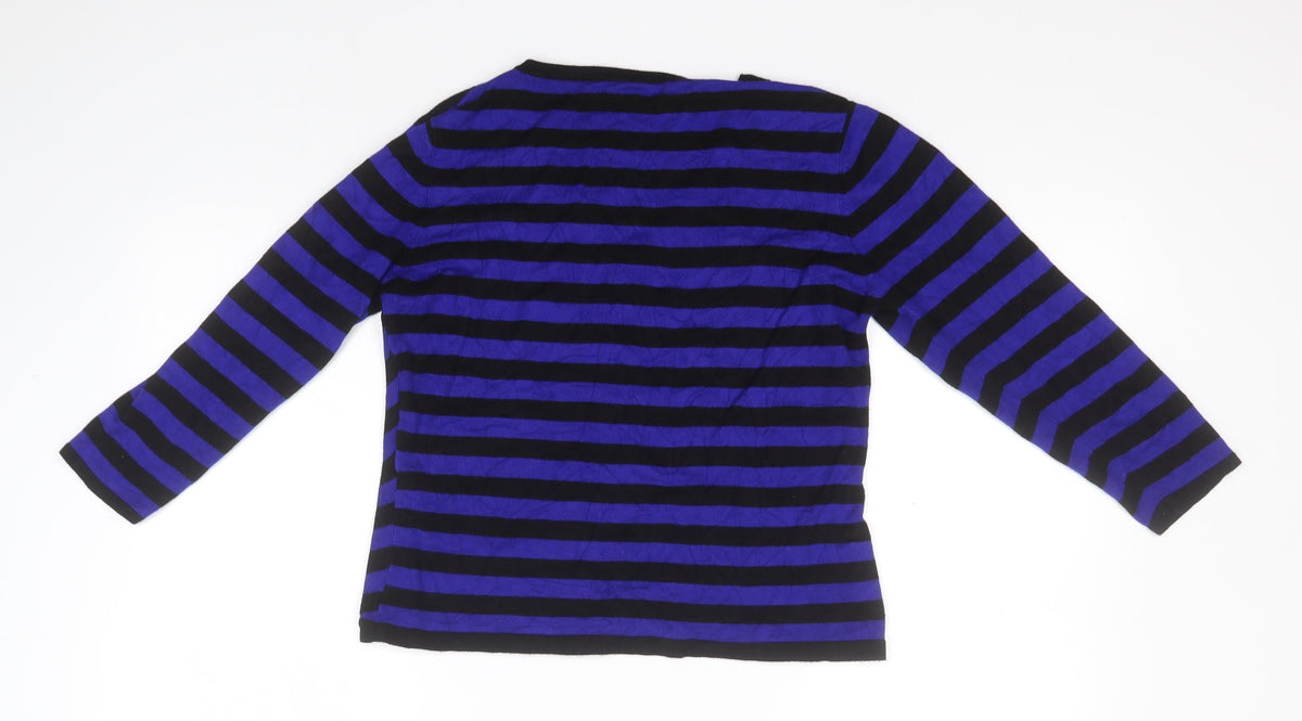 Back view of Pregis women’s blue v-neck striped viscose jumper, size S