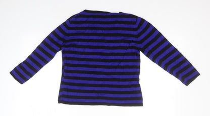Back view of Pregis women’s blue v-neck striped viscose jumper, size S