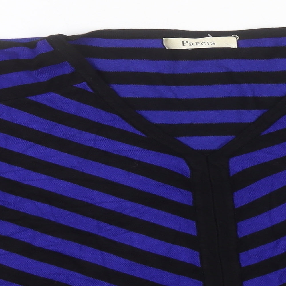 Close-up detail of Pregis women’s blue v-neck striped viscose jumper, size S