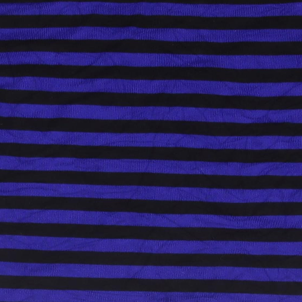 Brand and care label for Pregis women’s blue v-neck striped viscose jumper, size S