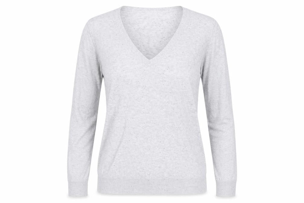 Front view of Warehouse women’s grey v-neck cotton jumper, size UK 10