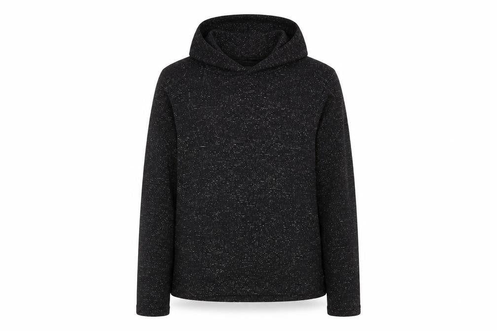 Front view of Jeff & Co women’s black polyester pullover hoodie, size UK 8